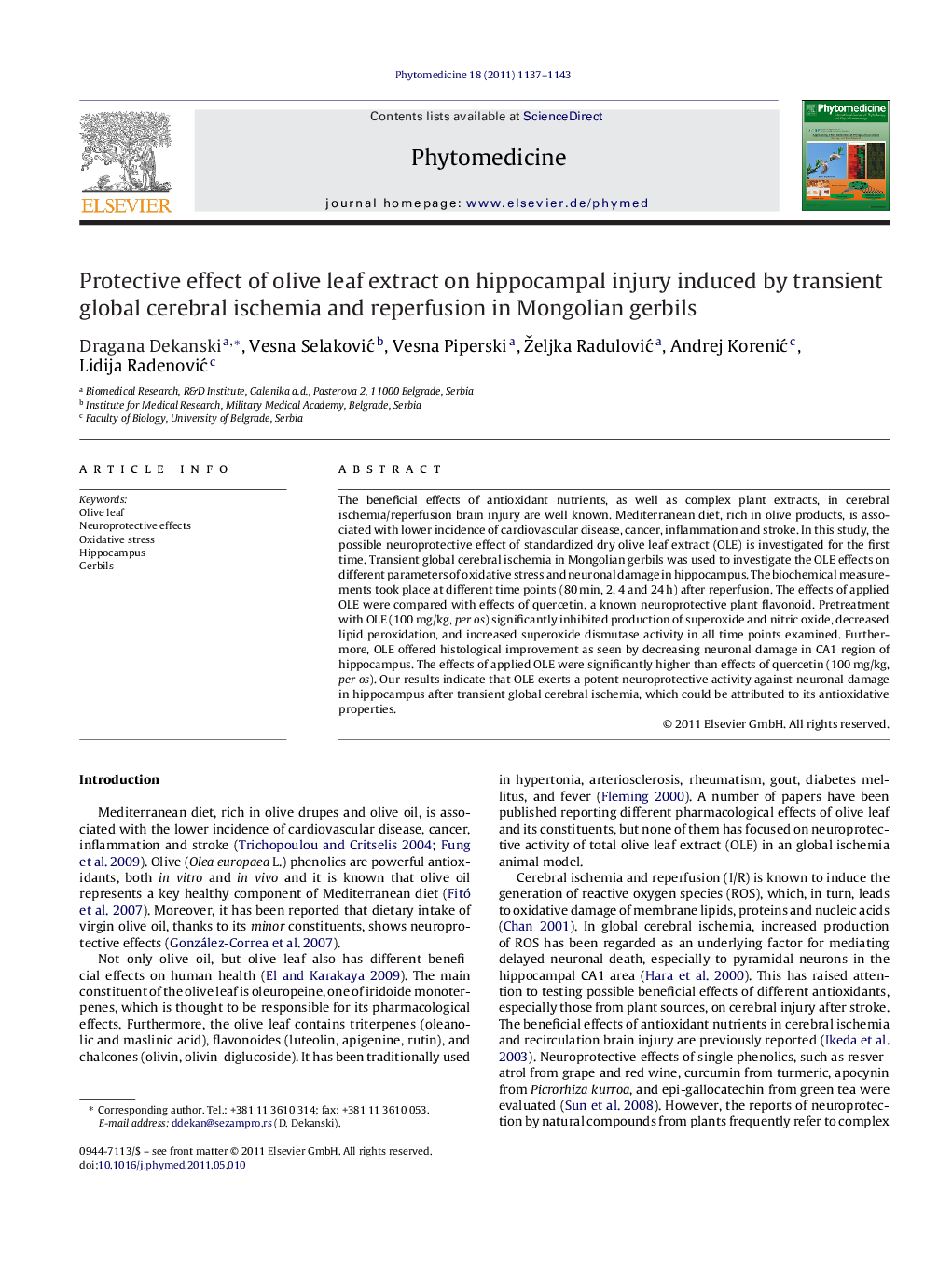 Protective effect of olive leaf extract on hippocampal injury induced by transient global cerebral ischemia and reperfusion in Mongolian gerbils