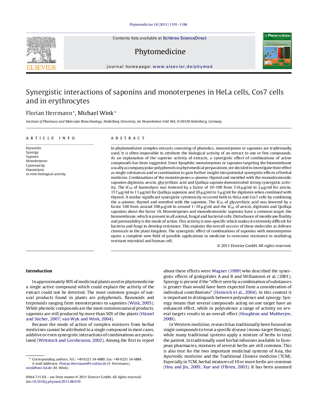 Synergistic interactions of saponins and monoterpenes in HeLa cells, Cos7 cells and in erythrocytes