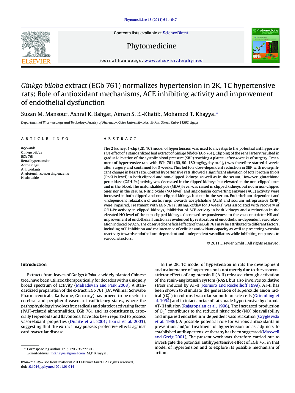 Ginkgo biloba extract (EGb 761) normalizes hypertension in 2K, 1C hypertensive rats: Role of antioxidant mechanisms, ACE inhibiting activity and improvement of endothelial dysfunction