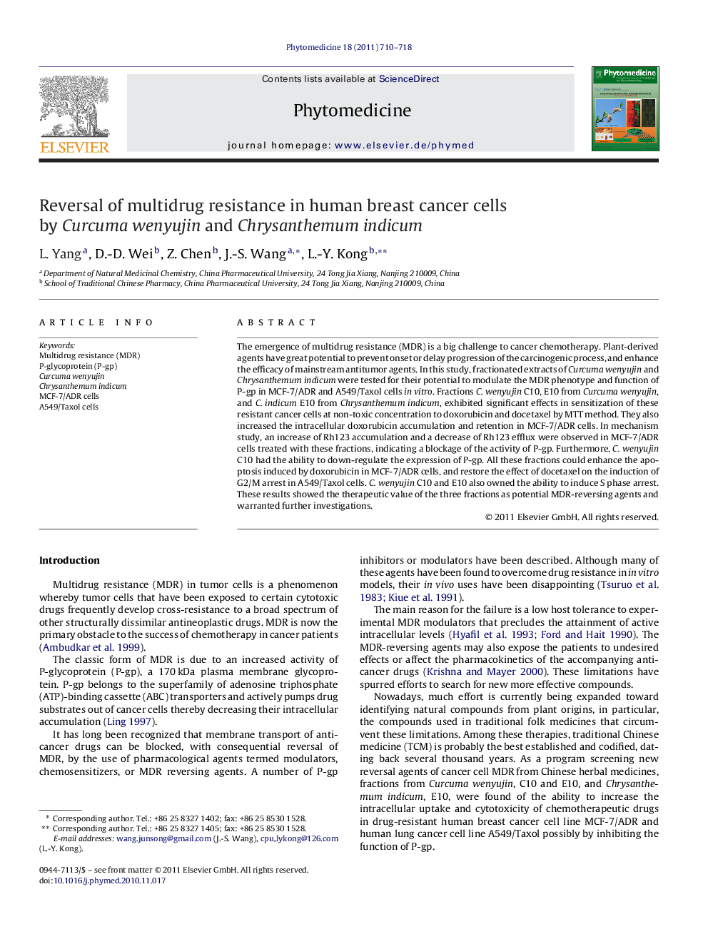 Reversal of multidrug resistance in human breast cancer cells by Curcuma wenyujin and Chrysanthemum indicum