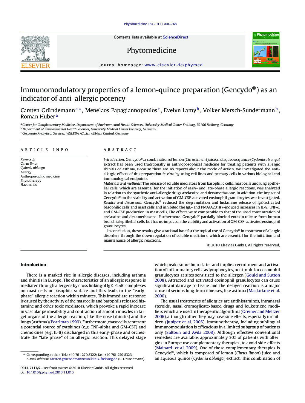 Immunomodulatory properties of a lemon-quince preparation (Gencydo®) as an indicator of anti-allergic potency