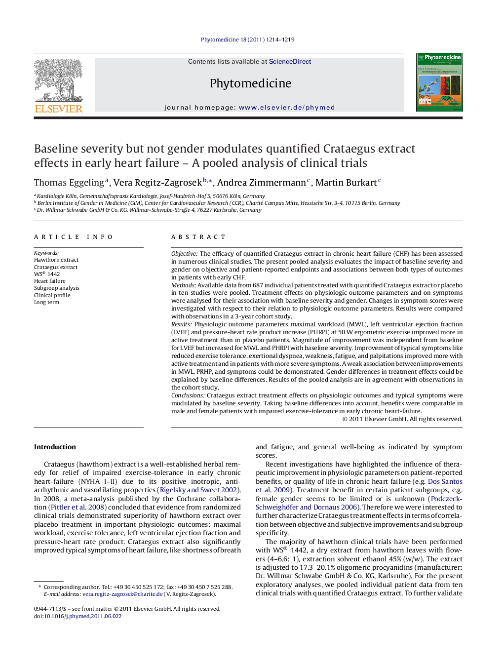 Baseline severity but not gender modulates quantified Crataegus extract effects in early heart failure – A pooled analysis of clinical trials