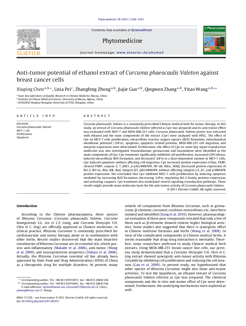 Anti-tumor potential of ethanol extract of Curcuma phaeocaulis Valeton against breast cancer cells