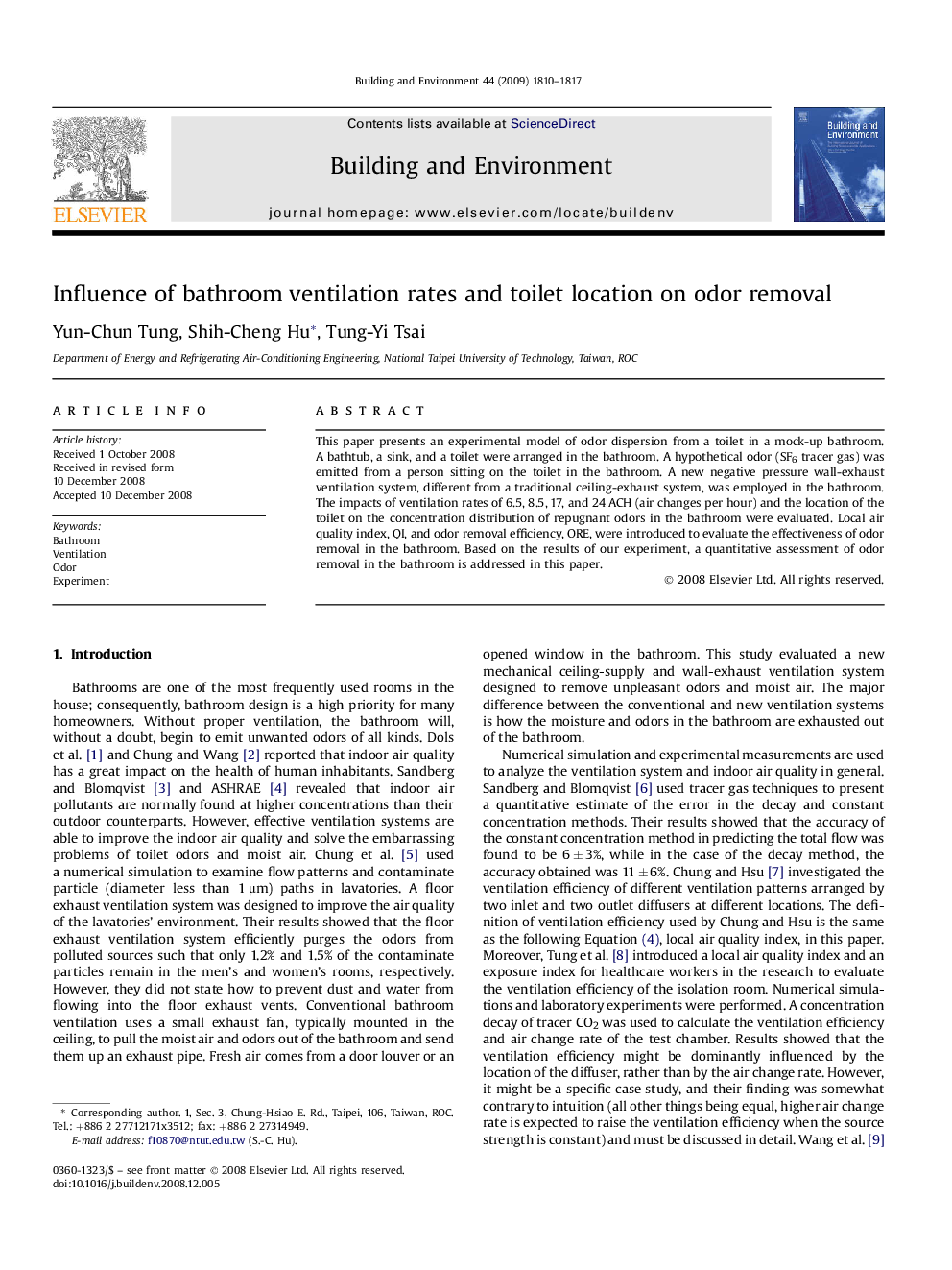 Influence of bathroom ventilation rates and toilet location on odor removal