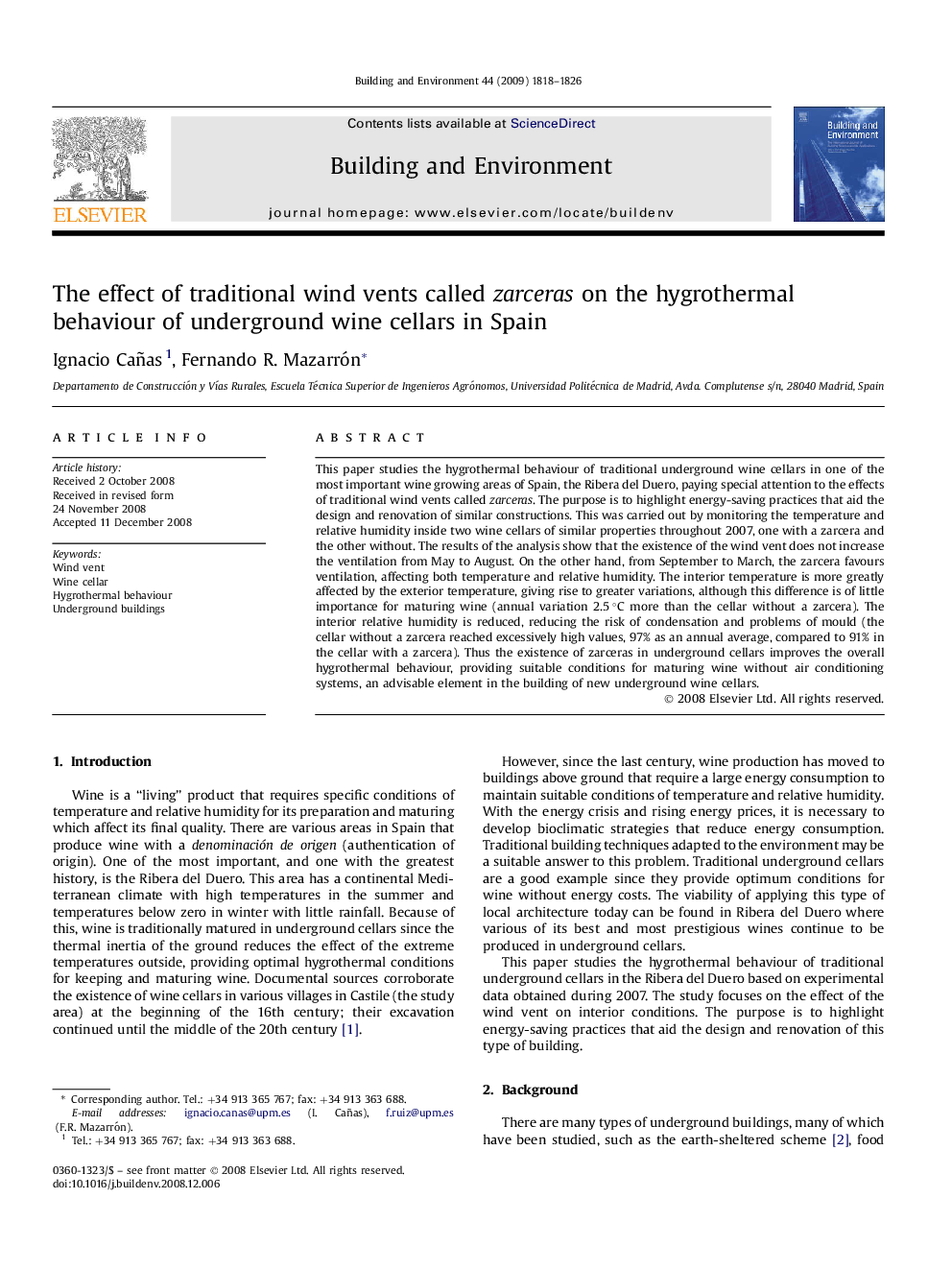 The effect of traditional wind vents called zarceras on the hygrothermal behaviour of underground wine cellars in Spain