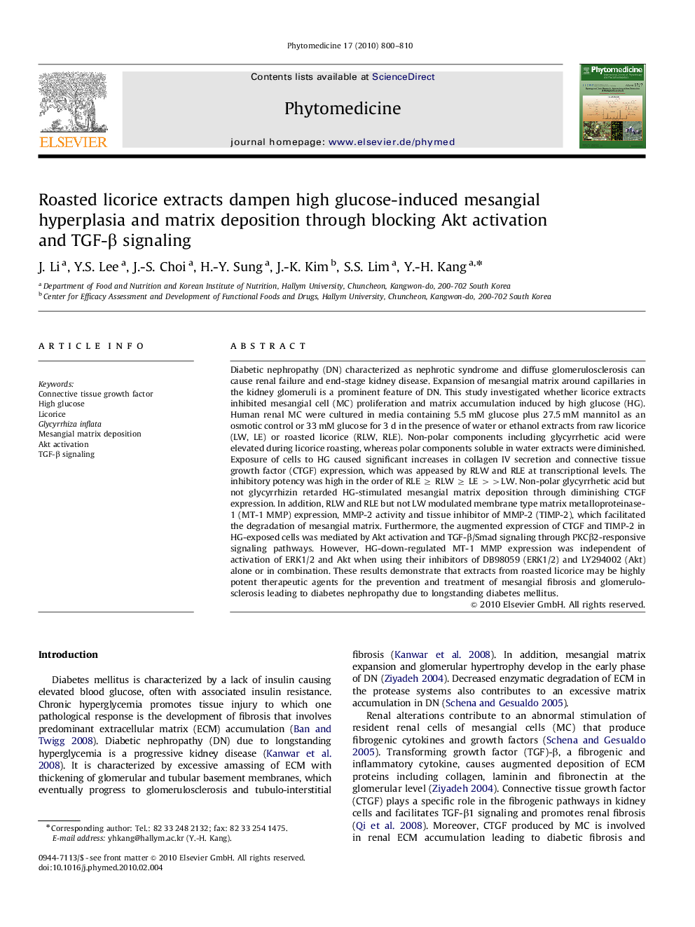 Roasted licorice extracts dampen high glucose-induced mesangial hyperplasia and matrix deposition through blocking Akt activation and TGF-β signaling