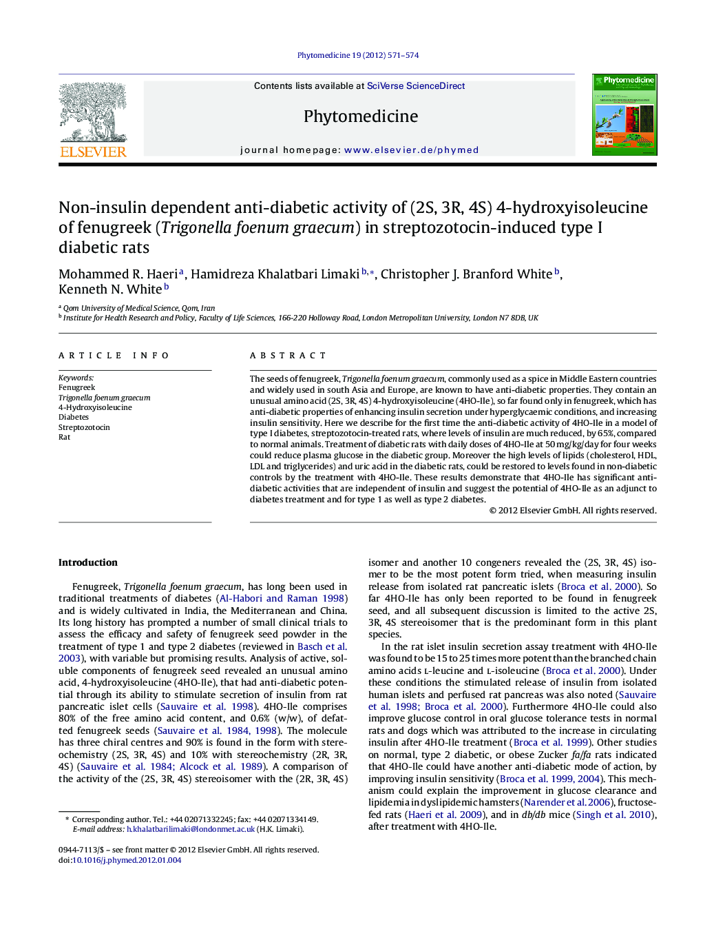 Non-insulin dependent anti-diabetic activity of (2S, 3R, 4S) 4-hydroxyisoleucine of fenugreek (Trigonella foenum graecum) in streptozotocin-induced type I diabetic rats