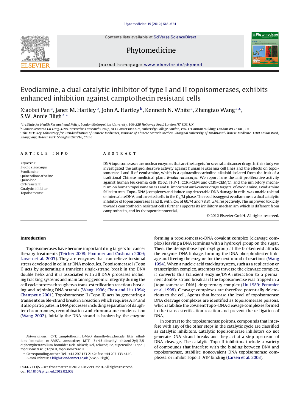 Evodiamine, a dual catalytic inhibitor of type I and II topoisomerases, exhibits enhanced inhibition against camptothecin resistant cells