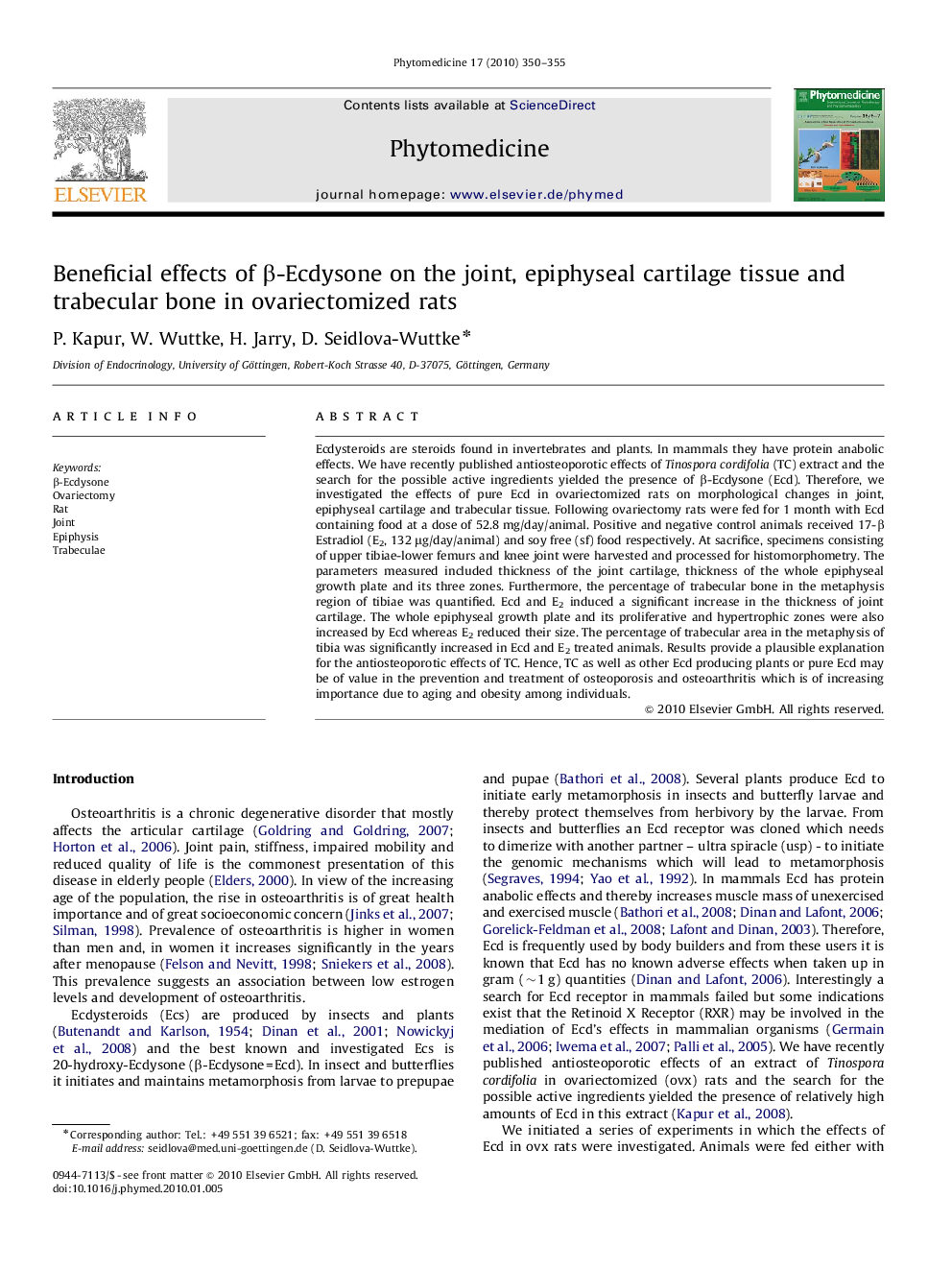 Beneficial effects of β-Ecdysone on the joint, epiphyseal cartilage tissue and trabecular bone in ovariectomized rats