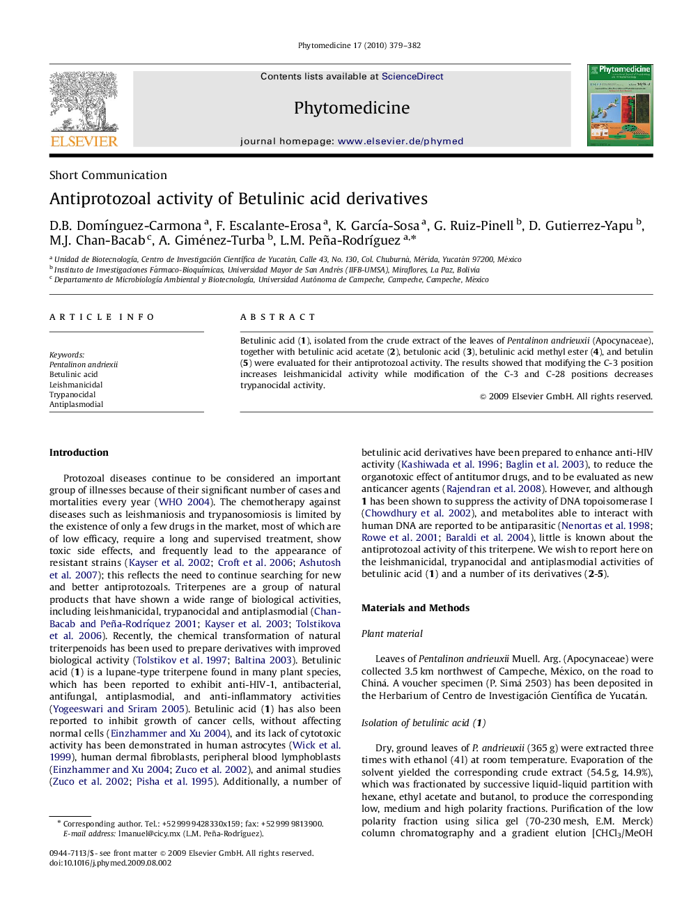 Antiprotozoal activity of Betulinic acid derivatives