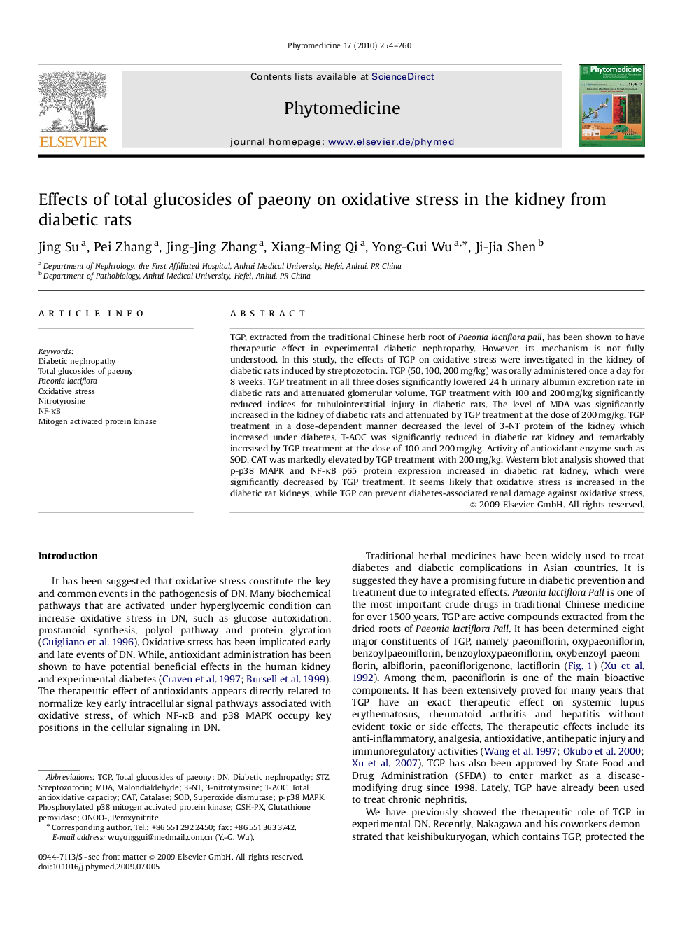 Effects of total glucosides of paeony on oxidative stress in the kidney from diabetic rats