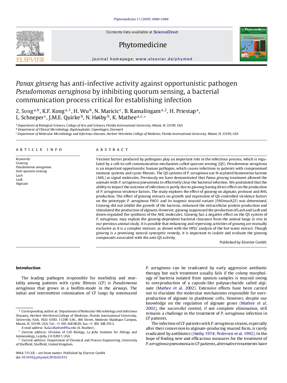 Panax ginseng has anti-infective activity against opportunistic pathogen Pseudomonas aeruginosa by inhibiting quorum sensing, a bacterial communication process critical for establishing infection