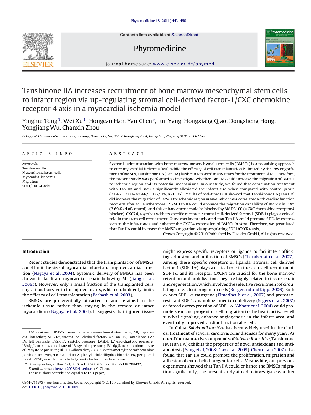 Tanshinone IIA increases recruitment of bone marrow mesenchymal stem cells to infarct region via up-regulating stromal cell-derived factor-1/CXC chemokine receptor 4 axis in a myocardial ischemia model