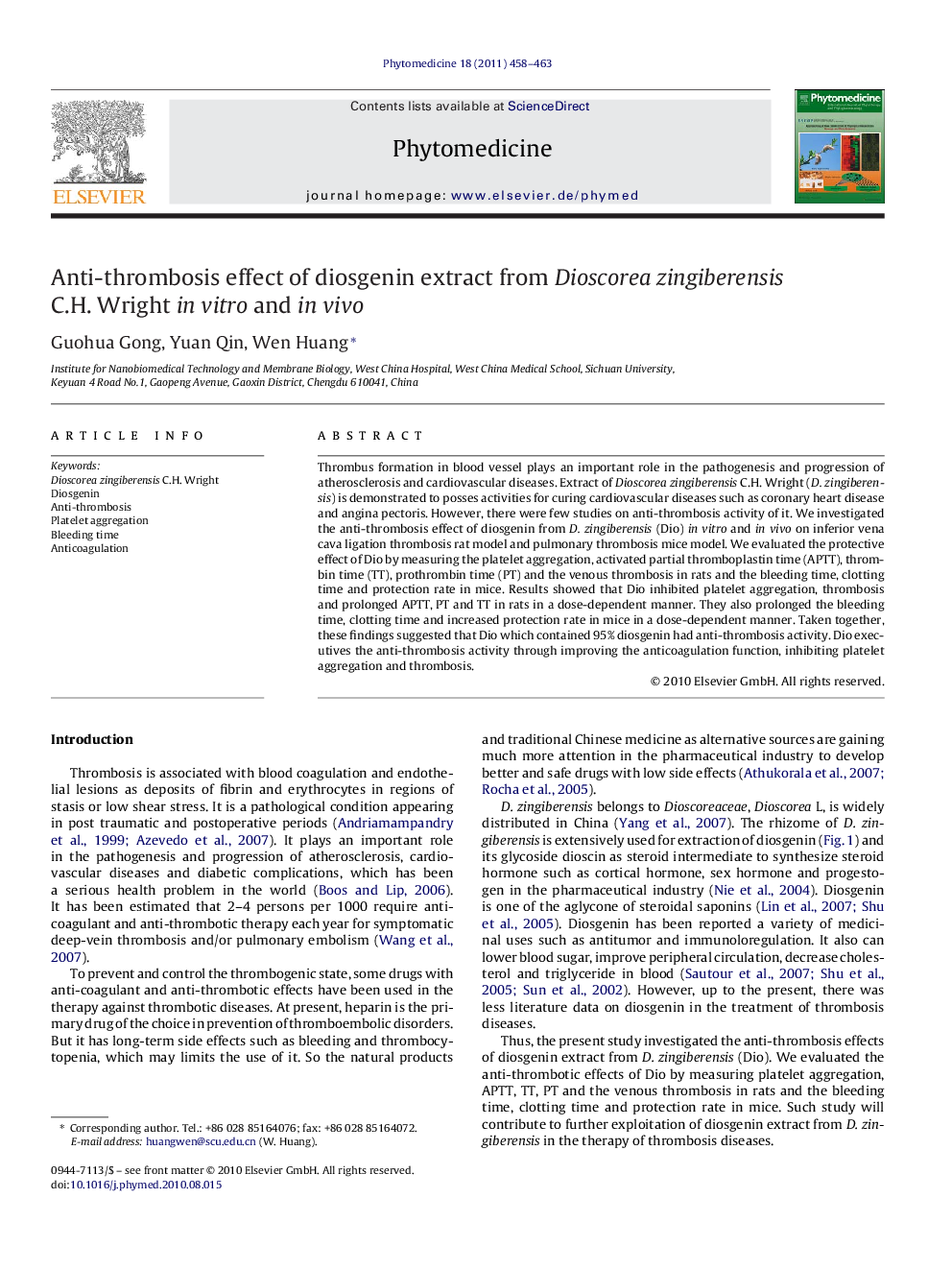 Anti-thrombosis effect of diosgenin extract from Dioscorea zingiberensis C.H. Wright in vitro and in vivo