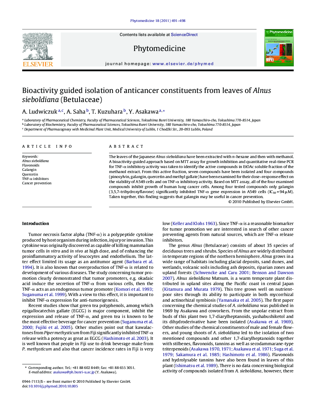 Bioactivity guided isolation of anticancer constituents from leaves of Alnus sieboldiana (Betulaceae)