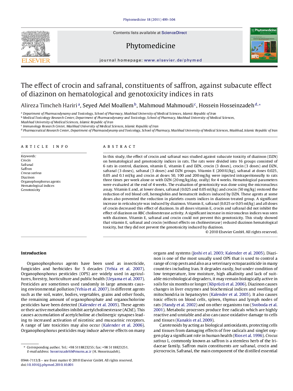 The effect of crocin and safranal, constituents of saffron, against subacute effect of diazinon on hematological and genotoxicity indices in rats