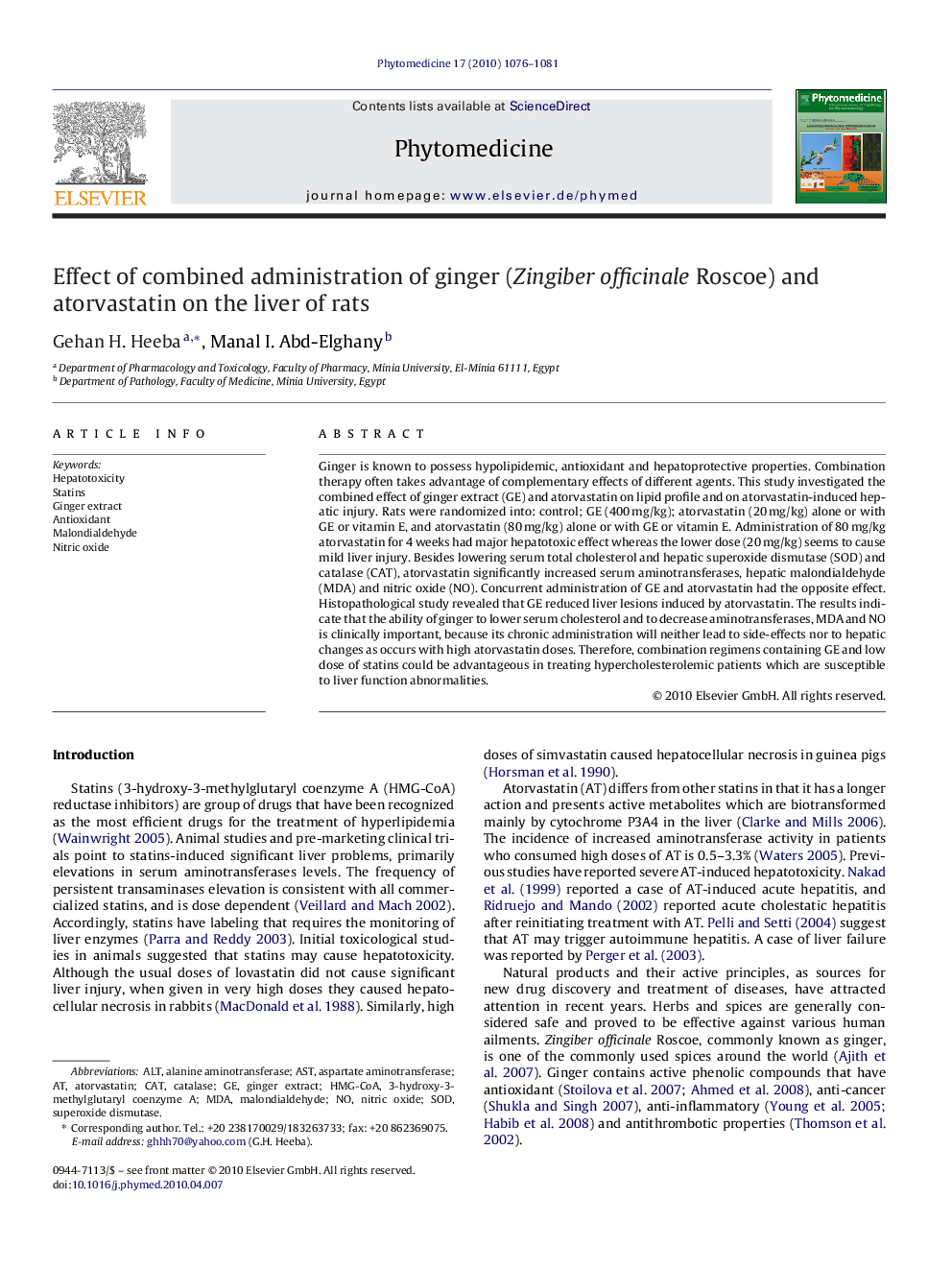 Effect of combined administration of ginger (Zingiber officinale Roscoe) and atorvastatin on the liver of rats