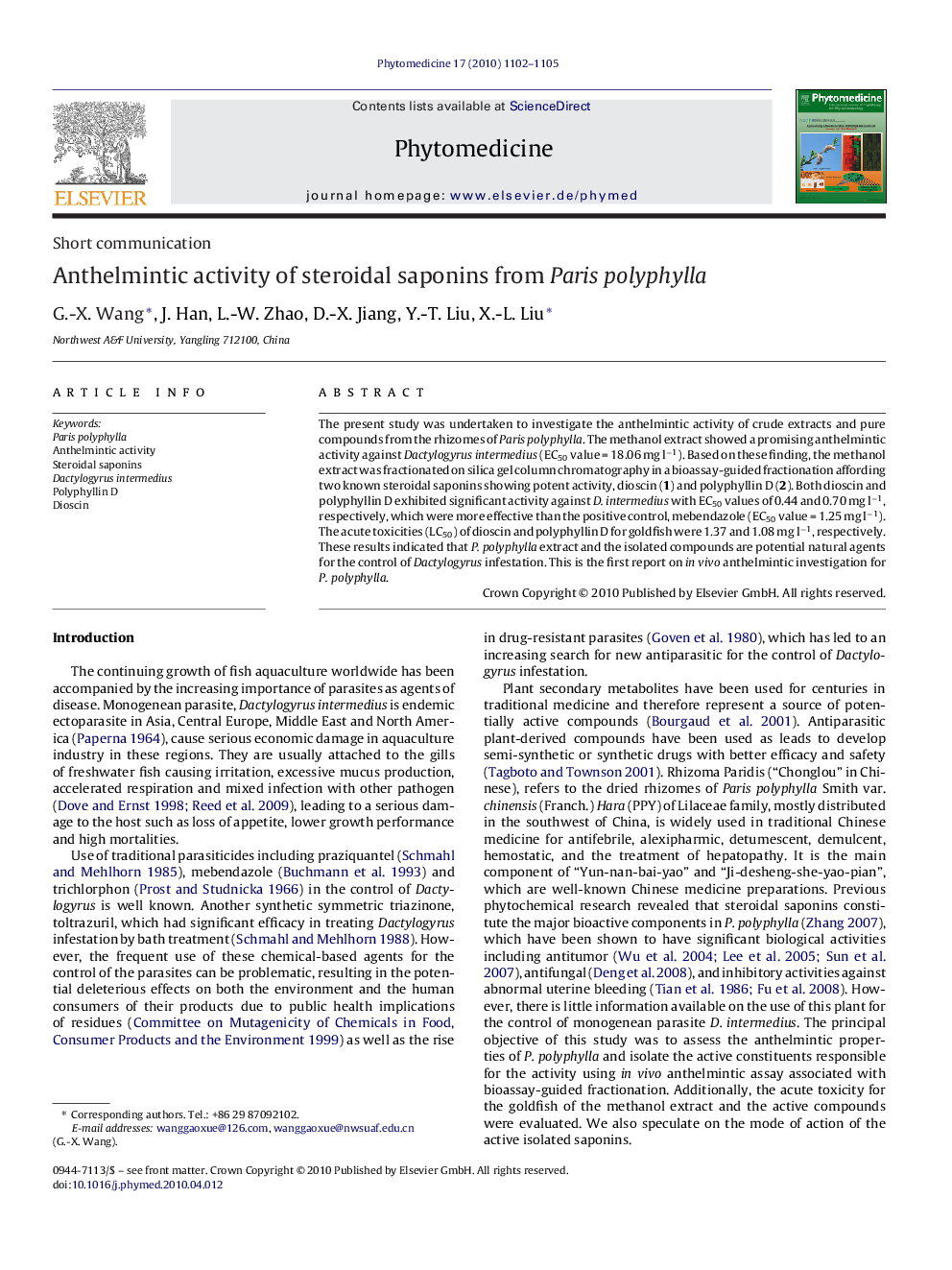 Anthelmintic activity of steroidal saponins from Paris polyphylla