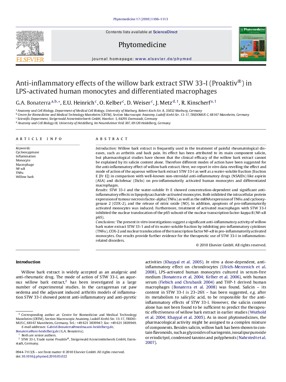 Anti-inflammatory effects of the willow bark extract STW 33-I (Proaktiv®) in LPS-activated human monocytes and differentiated macrophages