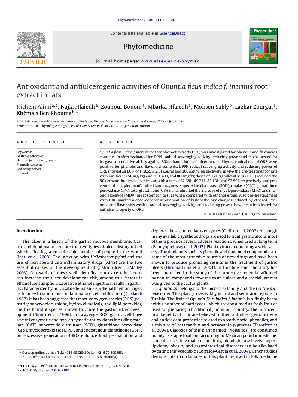 Antioxidant and antiulcerogenic activities of Opuntia ficus indica f. inermis root extract in rats