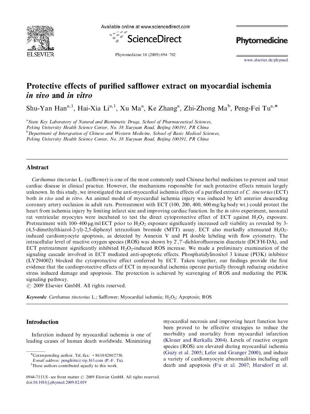 Protective effects of purified safflower extract on myocardial ischemia in vivo and in vitro