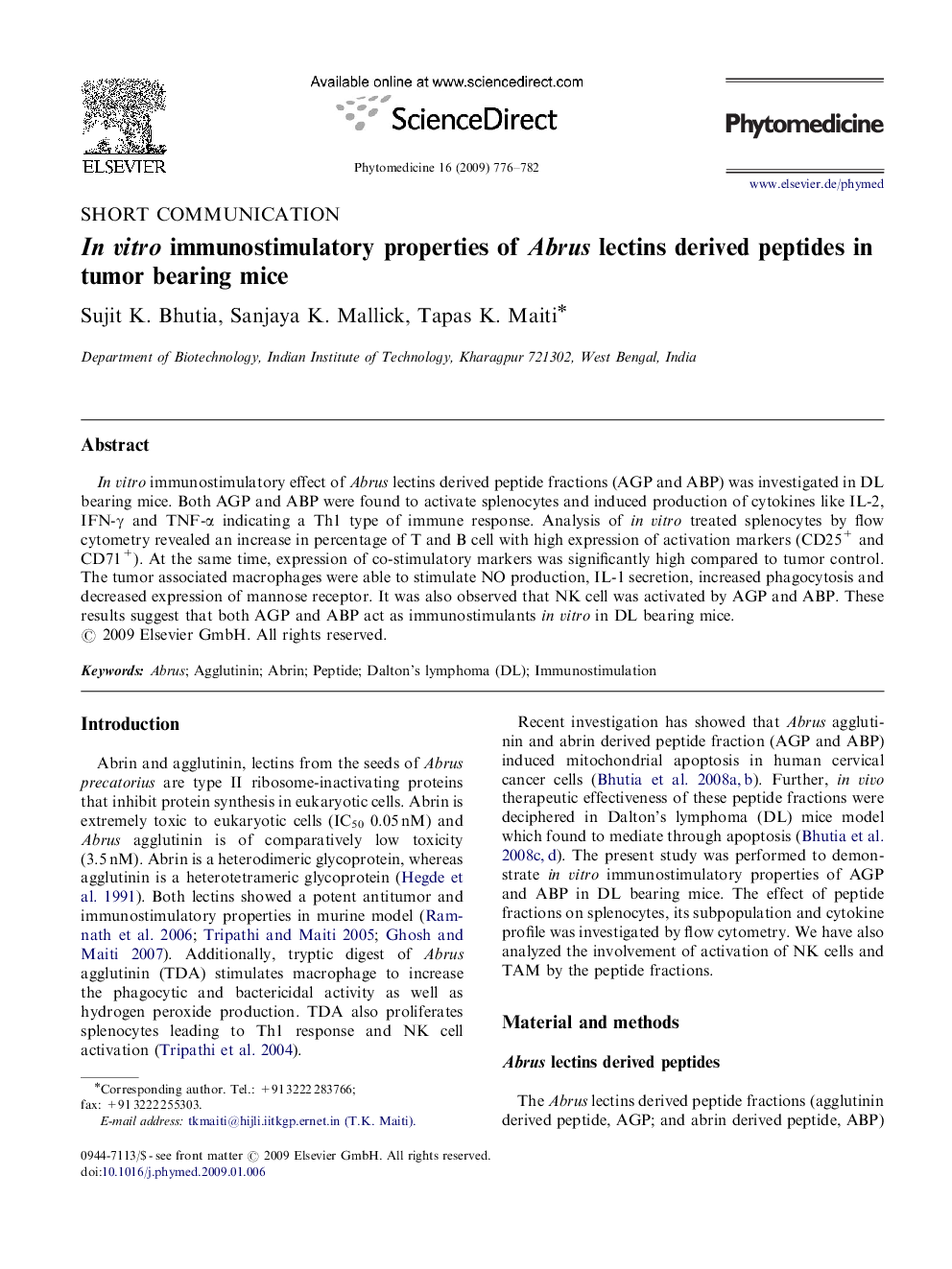 In vitro immunostimulatory properties of Abrus lectins derived peptides in tumor bearing mice