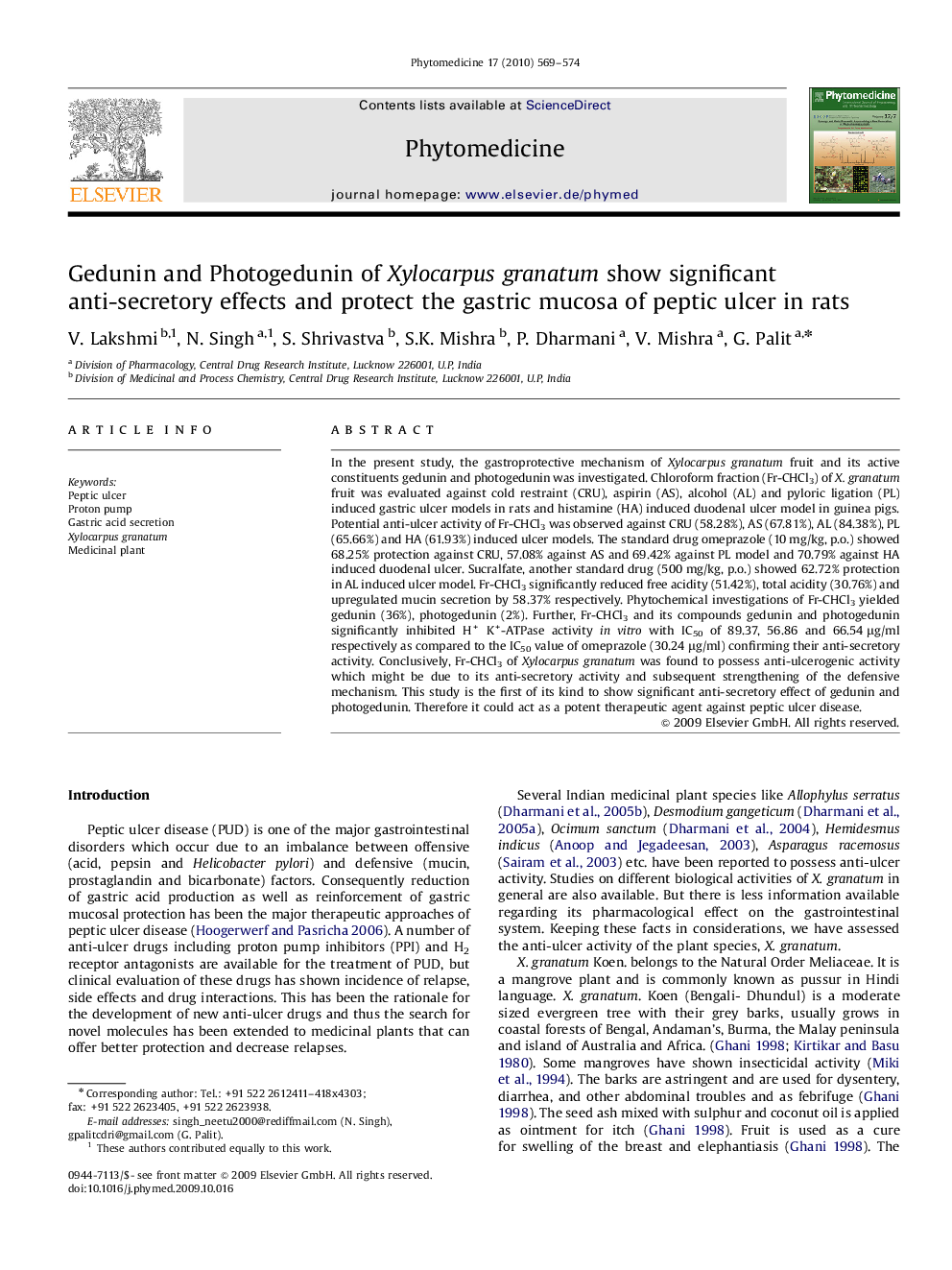 Gedunin and Photogedunin of Xylocarpus granatum show significant anti-secretory effects and protect the gastric mucosa of peptic ulcer in rats