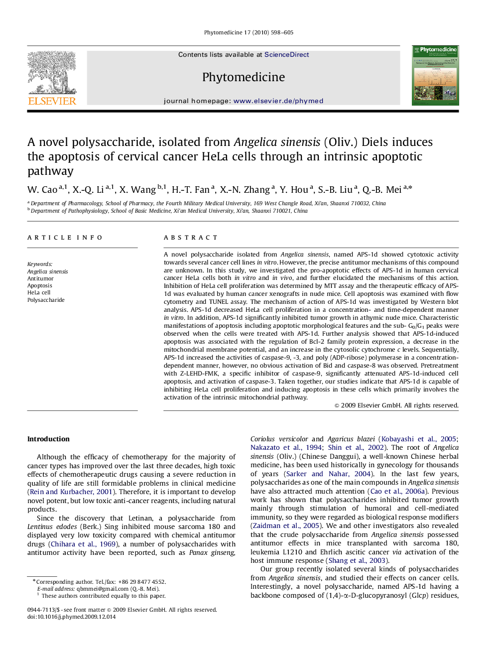 A novel polysaccharide, isolated from Angelica sinensis (Oliv.) Diels induces the apoptosis of cervical cancer HeLa cells through an intrinsic apoptotic pathway