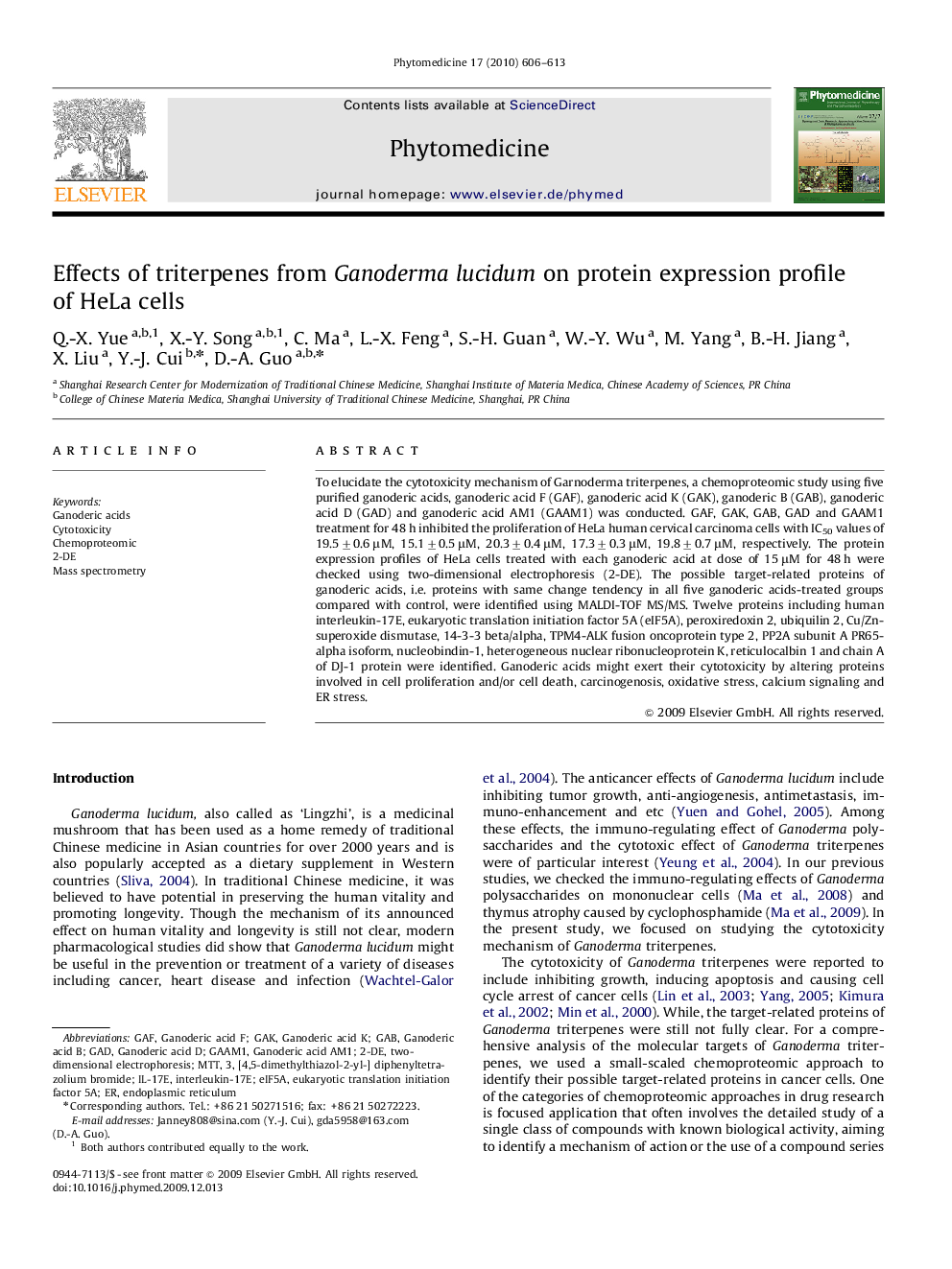 Effects of triterpenes from Ganoderma lucidum on protein expression profile of HeLa cells