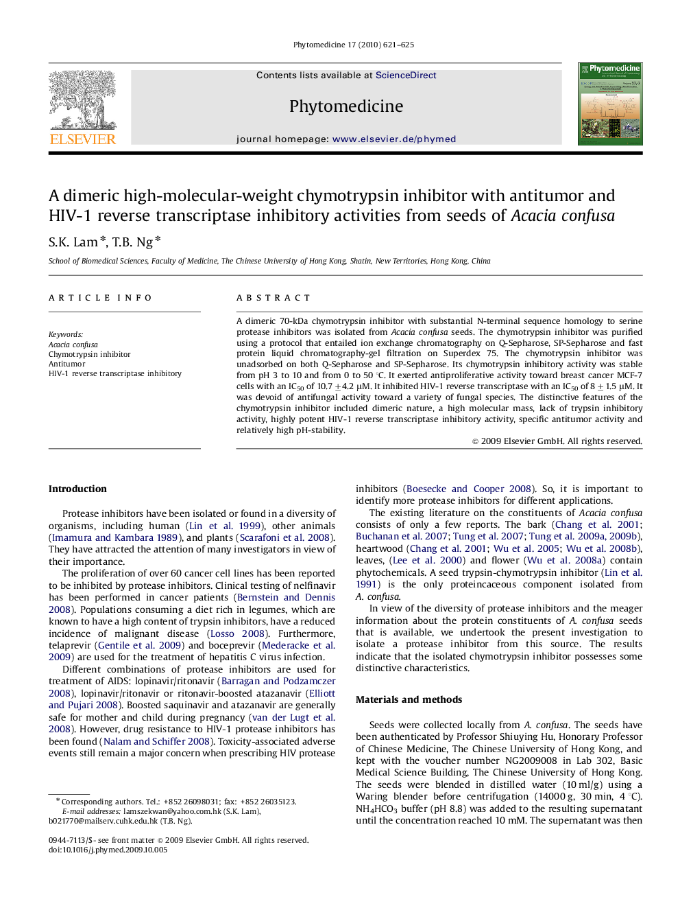 A dimeric high-molecular-weight chymotrypsin inhibitor with antitumor and HIV-1 reverse transcriptase inhibitory activities from seeds of Acacia confusa