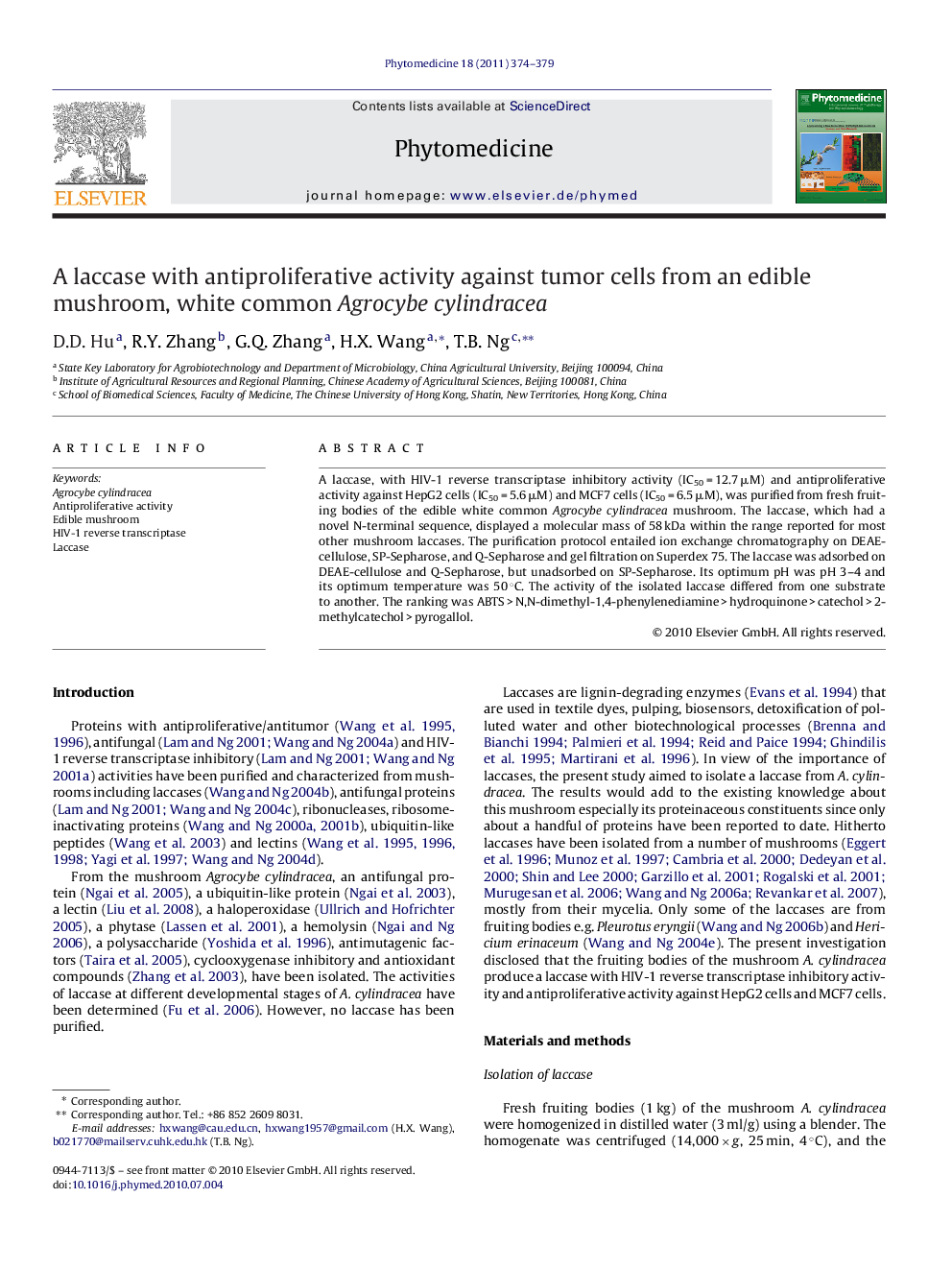 A laccase with antiproliferative activity against tumor cells from an edible mushroom, white common Agrocybe cylindracea