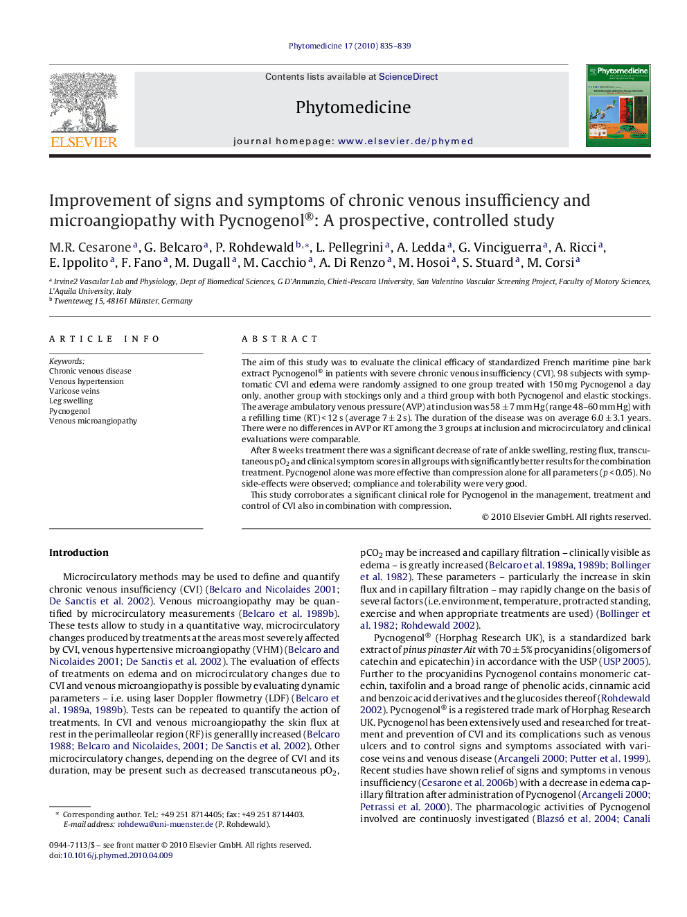 Improvement of signs and symptoms of chronic venous insufficiency and microangiopathy with Pycnogenol®: A prospective, controlled study