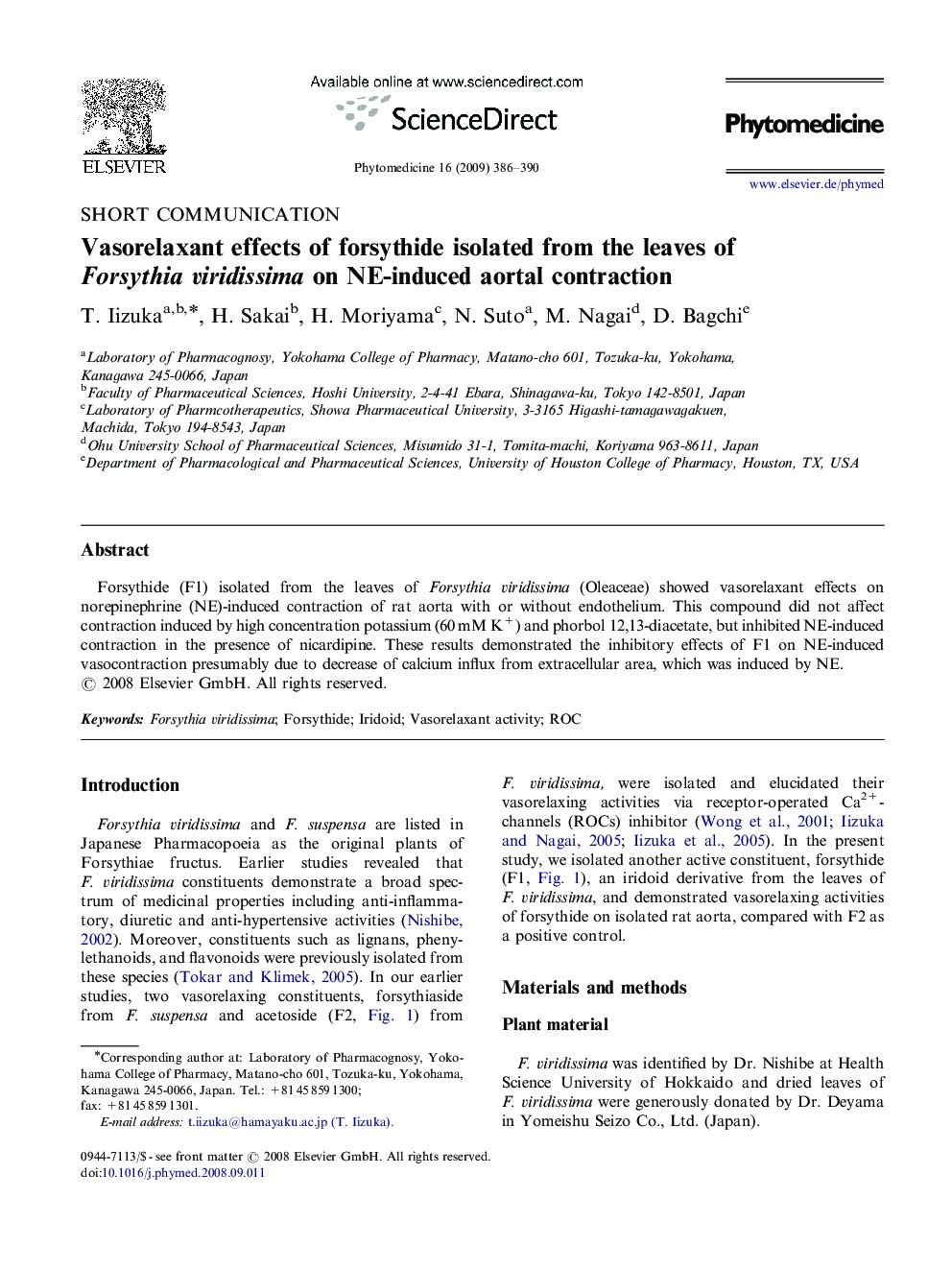 Vasorelaxant effects of forsythide isolated from the leaves of Forsythia viridissima on NE-induced aortal contraction