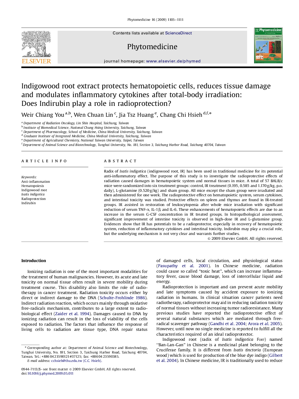 Indigowood root extract protects hematopoietic cells, reduces tissue damage and modulates inflammatory cytokines after total-body irradiation: Does Indirubin play a role in radioprotection?