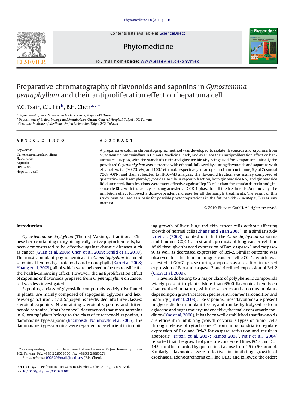 Preparative chromatography of flavonoids and saponins in Gynostemma pentaphyllum and their antiproliferation effect on hepatoma cell