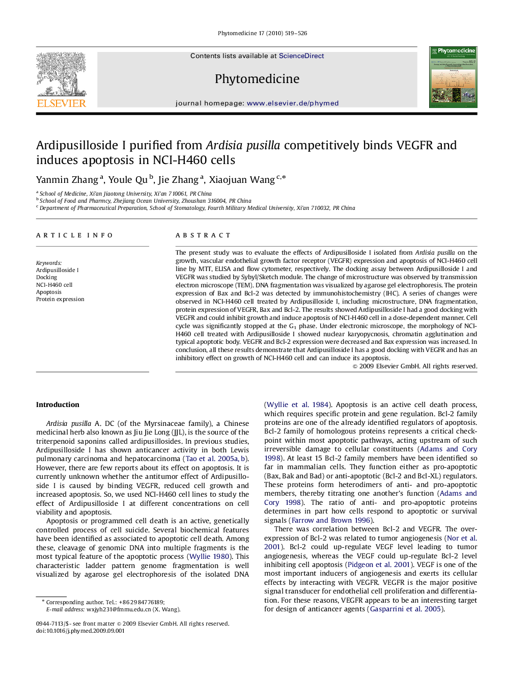 Ardipusilloside I purified from Ardisia pusilla competitively binds VEGFR and induces apoptosis in NCI-H460 cells