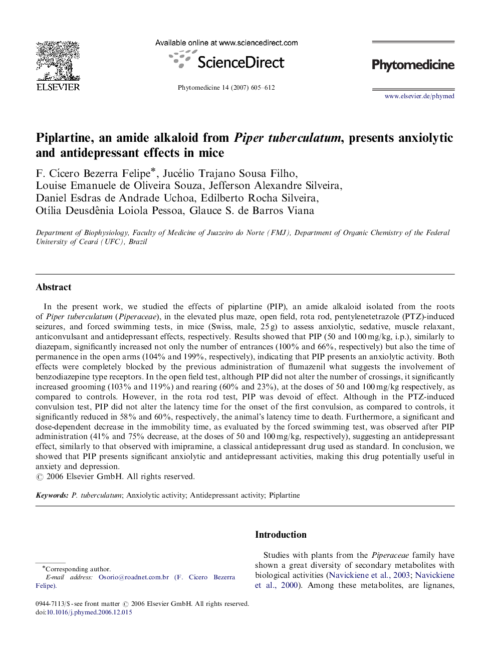 Piplartine, an amide alkaloid from Piper tuberculatum, presents anxiolytic and antidepressant effects in mice