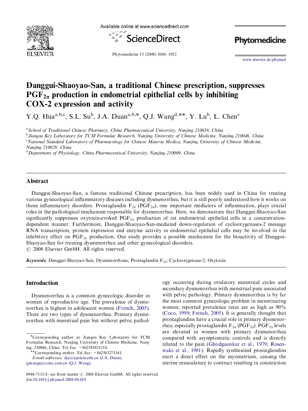 Danggui-Shaoyao-San, a traditional Chinese prescription, suppresses PGF2α production in endometrial epithelial cells by inhibiting COX-2 expression and activity