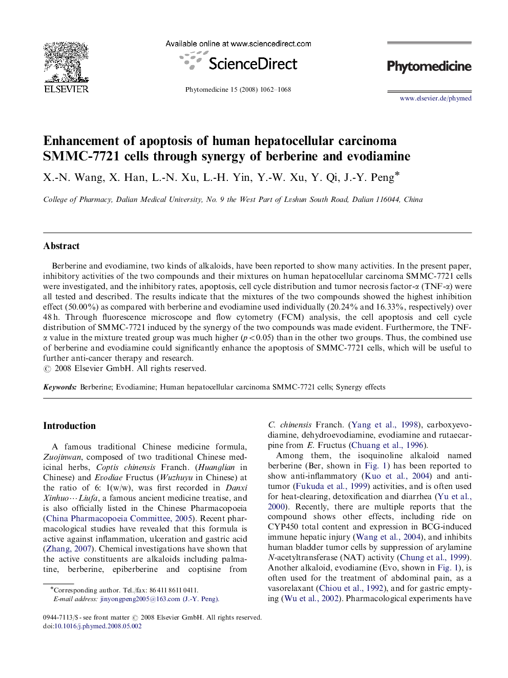 Enhancement of apoptosis of human hepatocellular carcinoma SMMC-7721 cells through synergy of berberine and evodiamine