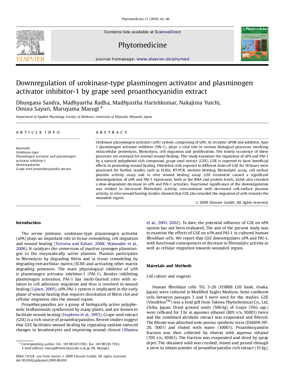 Downregulation of urokinase-type plasminogen activator and plasminogen activator inhibitor-1 by grape seed proanthocyanidin extract