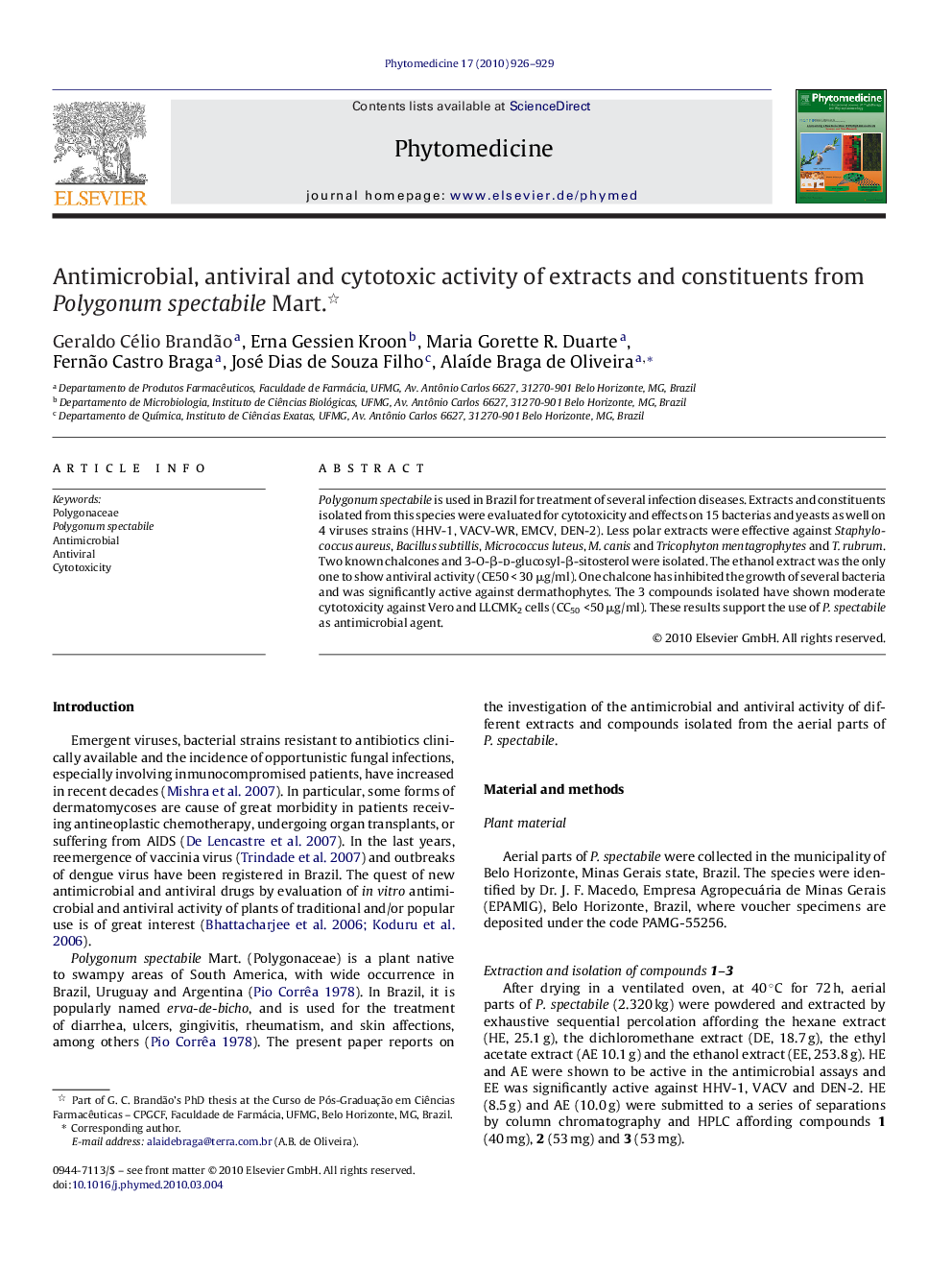 Antimicrobial, antiviral and cytotoxic activity of extracts and constituents from Polygonum spectabile Mart. 