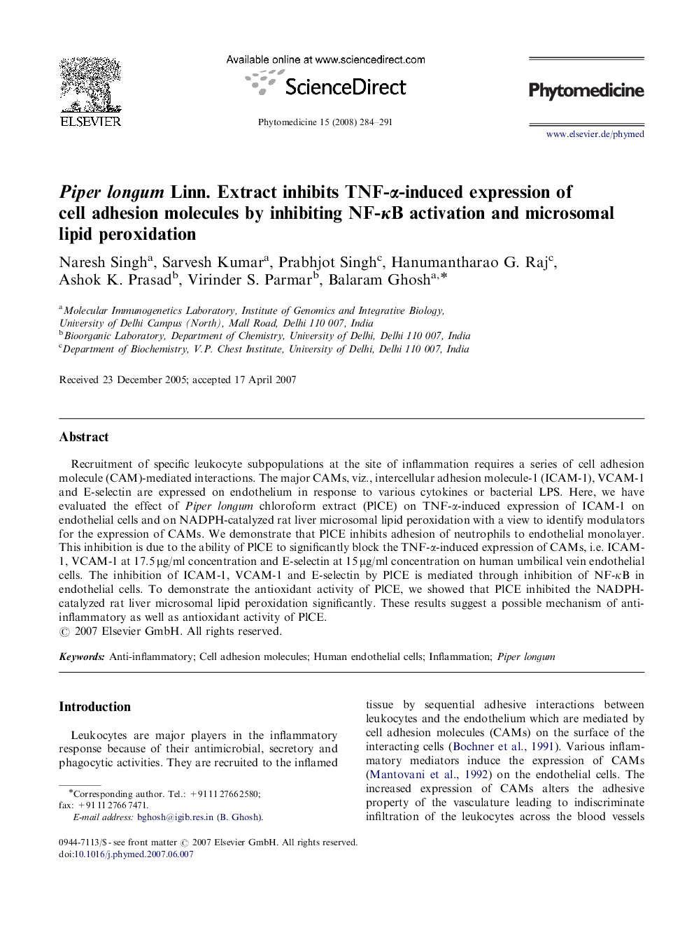 Piper longum Linn. Extract inhibits TNF-α-induced expression of cell adhesion molecules by inhibiting NF-κB activation and microsomal lipid peroxidation