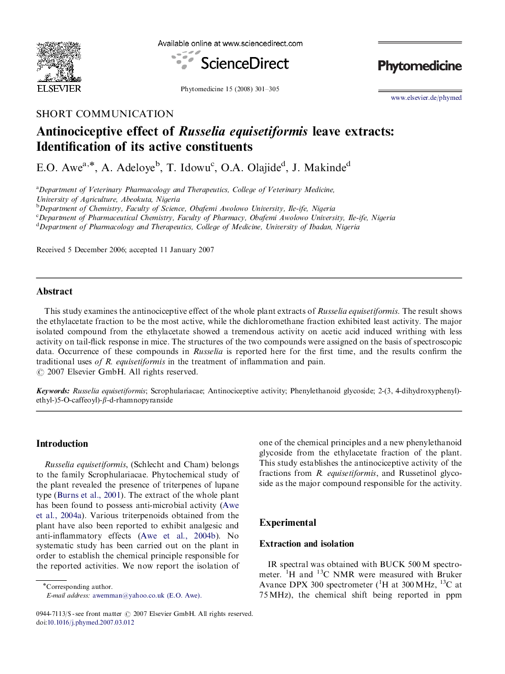 Antinociceptive effect of Russelia equisetiformis leave extracts: Identification of its active constituents