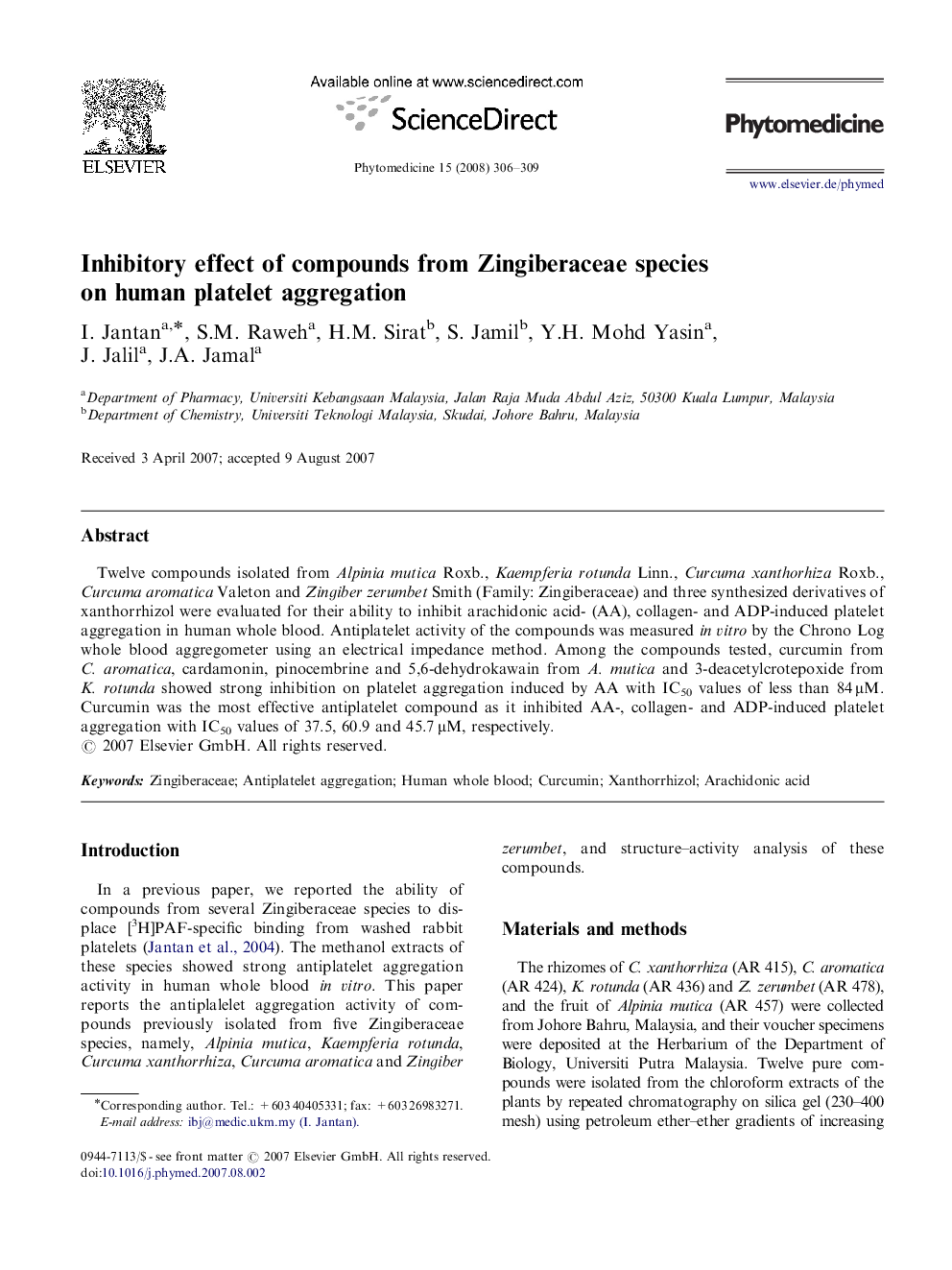 Inhibitory effect of compounds from Zingiberaceae species on human platelet aggregation