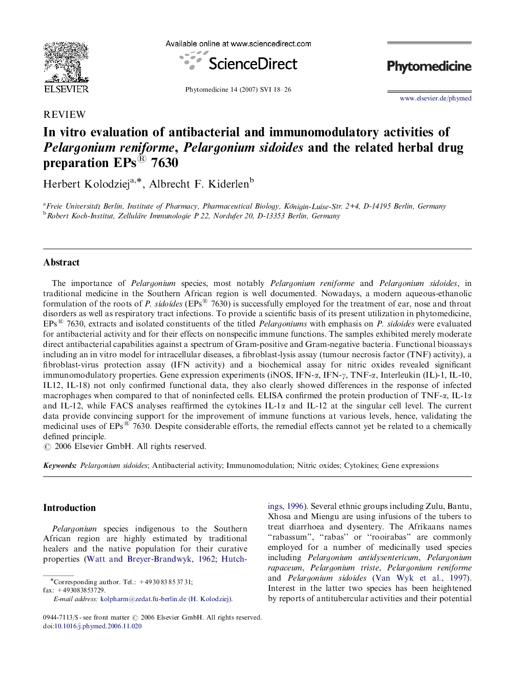 In vitro evaluation of antibacterial and immunomodulatory activities of Pelargonium reniforme, Pelargonium sidoides and the related herbal drug preparation EPs® 7630