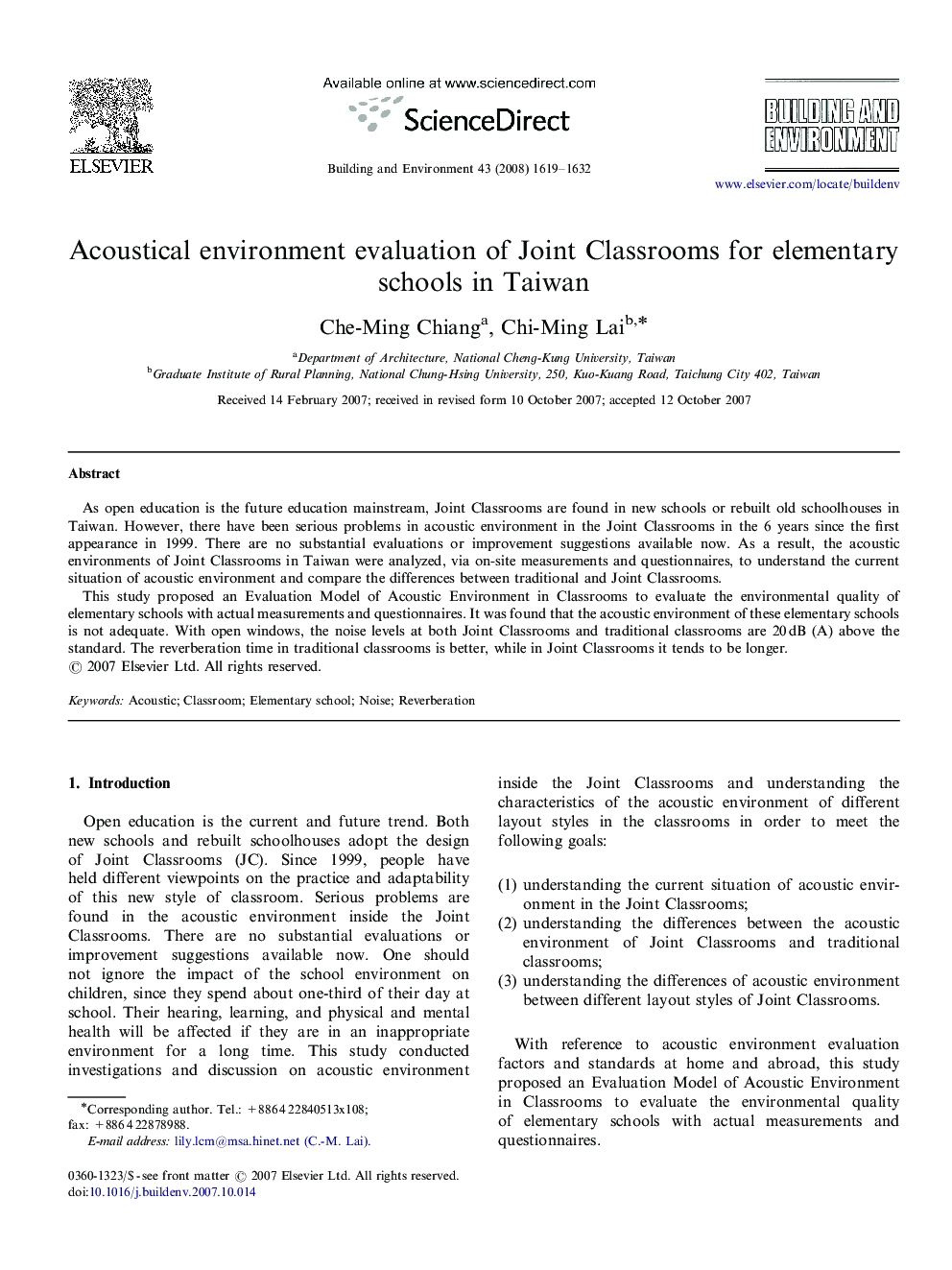 Acoustical environment evaluation of Joint Classrooms for elementary schools in Taiwan