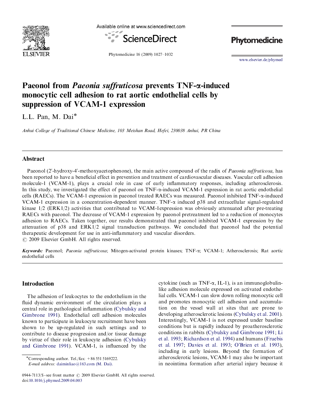 Paeonol from Paeonia suffruticosa prevents TNF-α-induced monocytic cell adhesion to rat aortic endothelial cells by suppression of VCAM-1 expression