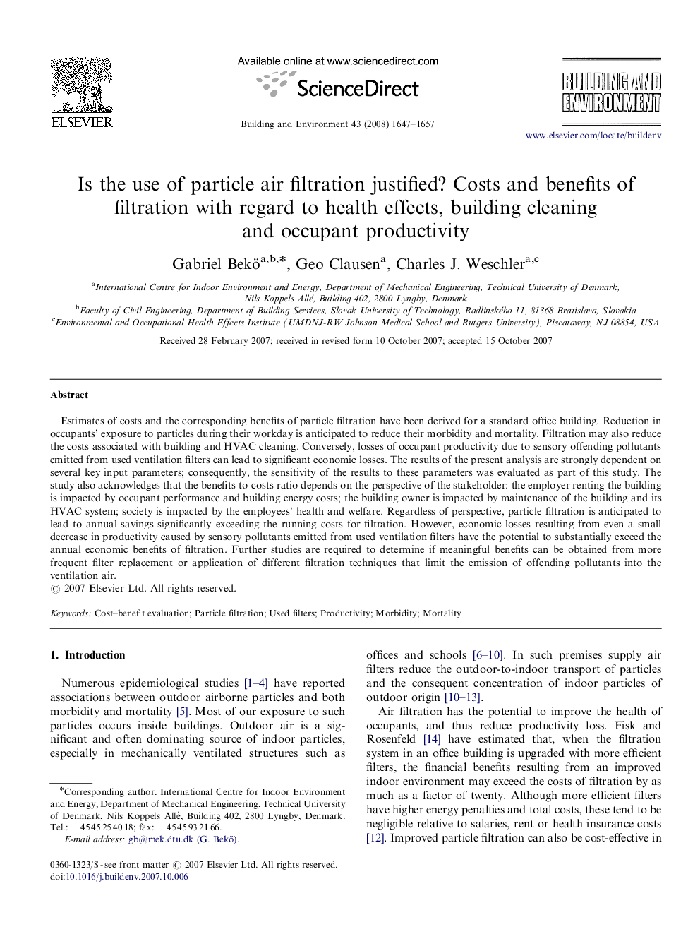Is the use of particle air filtration justified? Costs and benefits of filtration with regard to health effects, building cleaning and occupant productivity