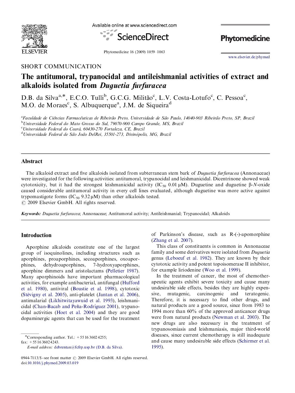 The antitumoral, trypanocidal and antileishmanial activities of extract and alkaloids isolated from Duguetia furfuracea