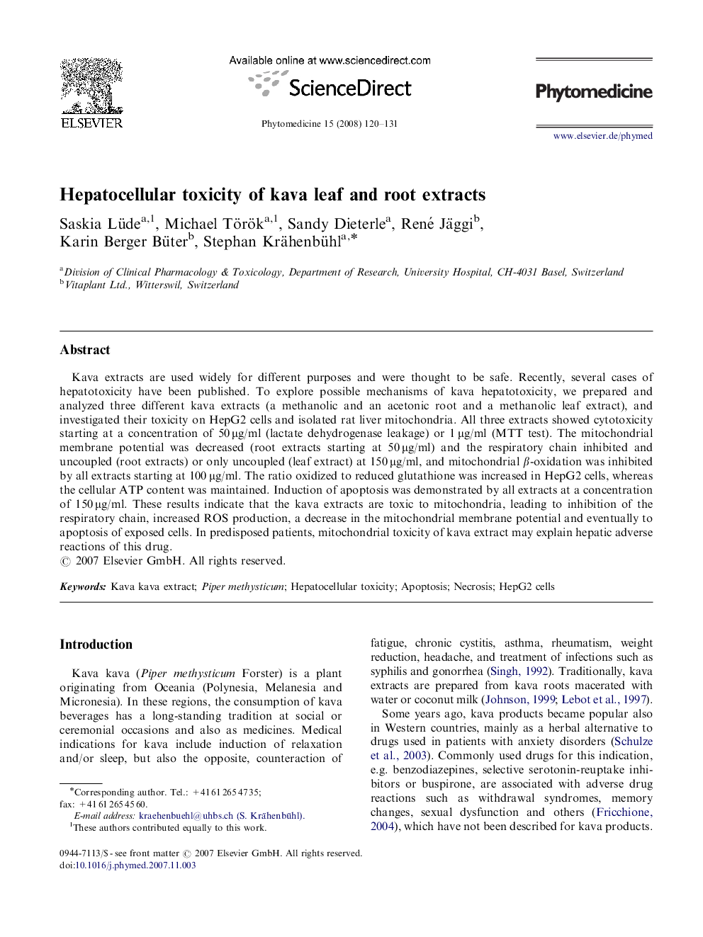 Hepatocellular toxicity of kava leaf and root extracts